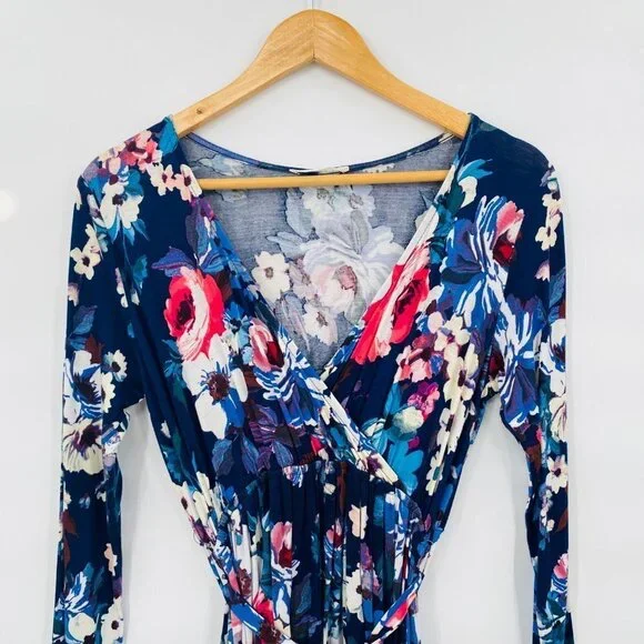 Reborn J Womens Blue Floral V Neck Wrap High Low Long Sleeve Dress M Boho Flowy - Picture 4 of 7
